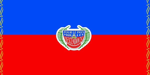Modified Haitian flag with a central emblem and yellow decorative borders.