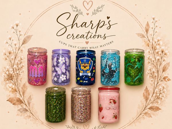Customized glittery and themed cups by Sharp's Creations.