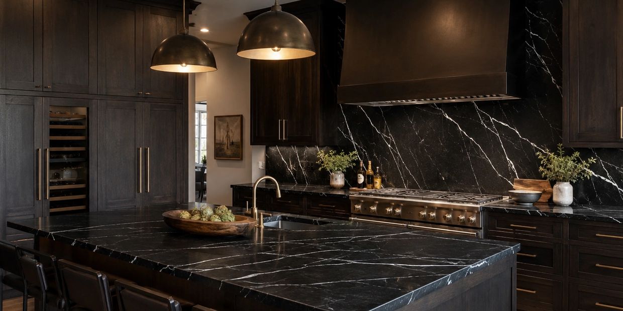 Elegant kitchen with black marble countertops and dark wood cabinetry.