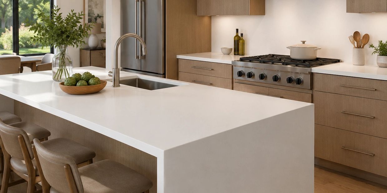 Modern kitchen with white countertops and wooden cabinets.