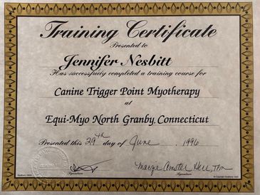 Training certificate awarded to Jennifer Nesbitt for Canine Trigger Point Myotherapy.
