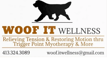 Logo for Woof It Wellness featuring a dog silhouette and contact info.