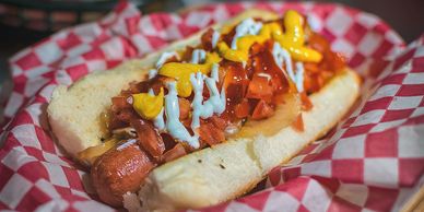 hot dog with toppings