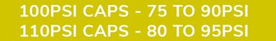 Pressure ranges for 100PSI and 110PSI caps displayed on a yellow background.