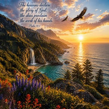 Sunset over a coastal landscape with eagles and a Bible verse.