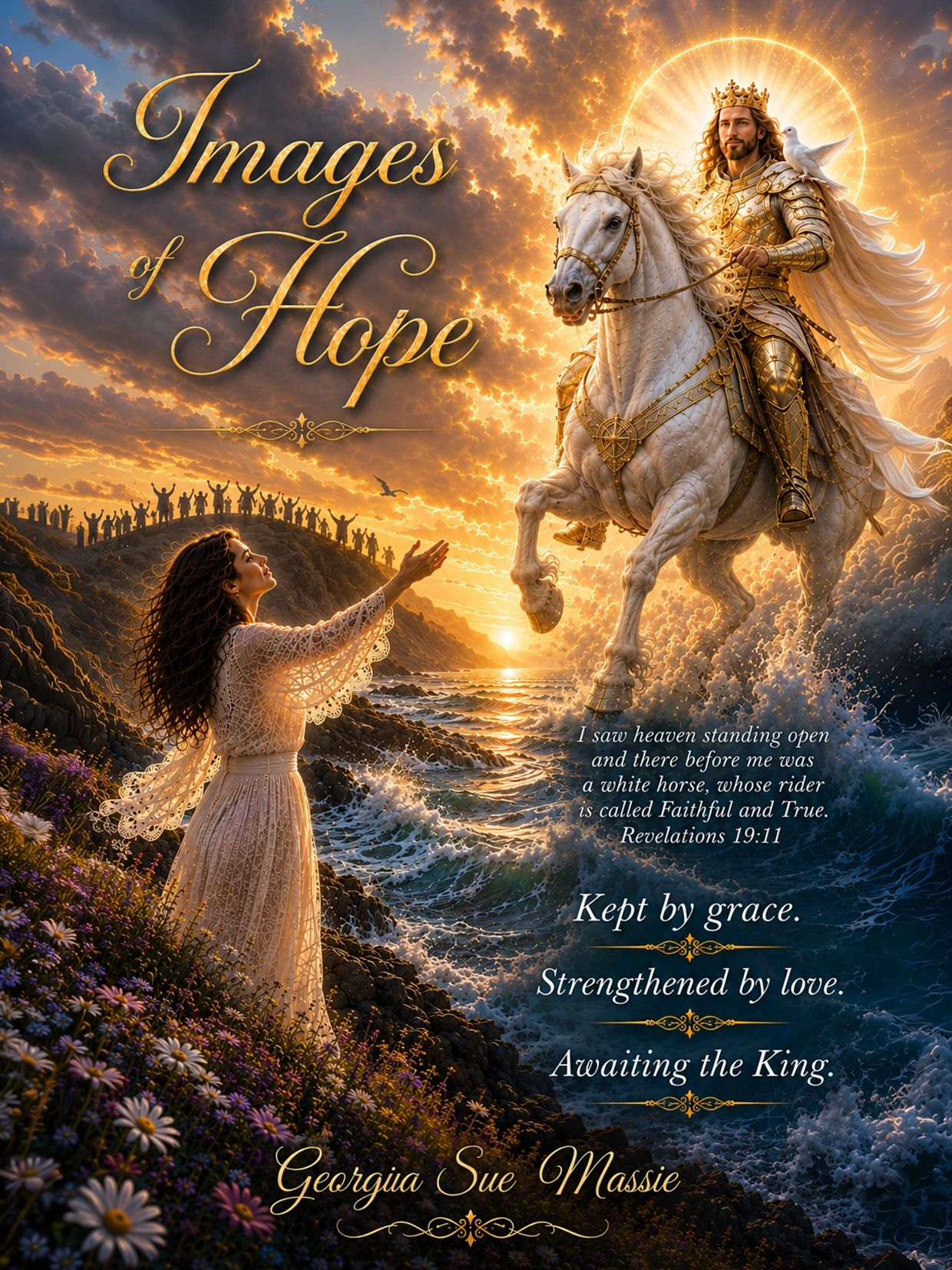 A radiant king on a white horse approaches a woman reaching out by the ocean at sunset.