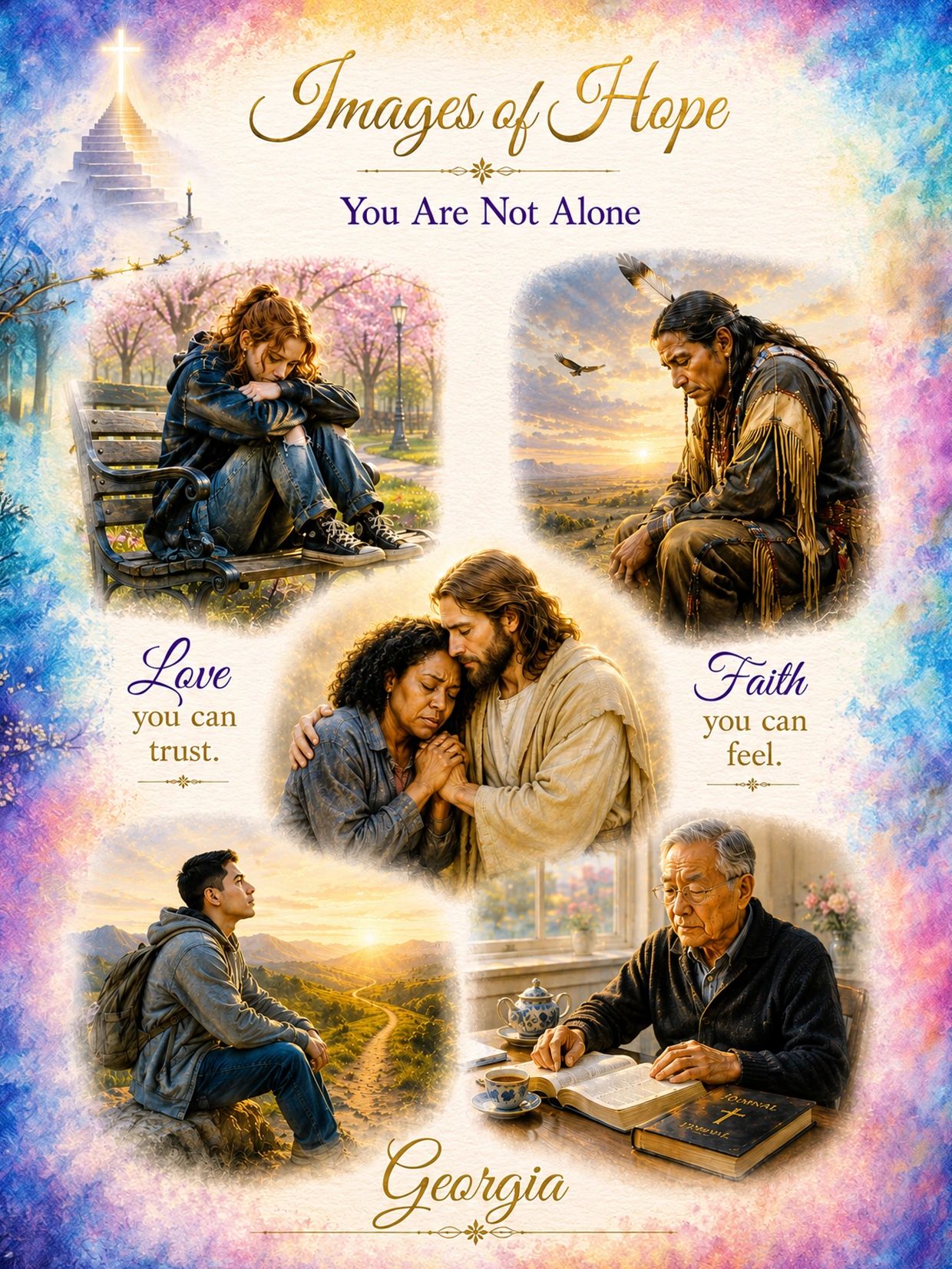 Collage of hopeful moments symbolizing faith, love, and companionship.