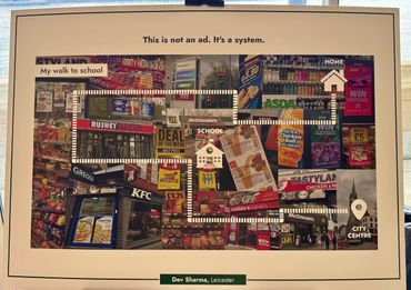 Collage showing a route to school surrounded by fast food and retail ads.