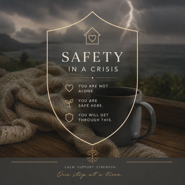 A comforting message about safety during crisis with a cozy setting and stormy background.