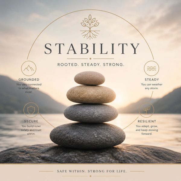 Stacked stones symbolizing stability with qualities like grounded, steady, secure, and resilient.