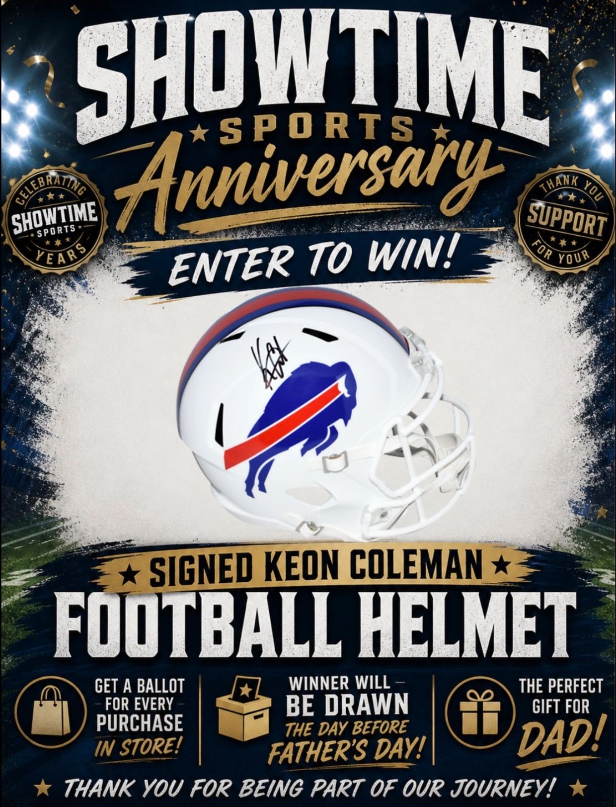 Showtime Sports Anniversary giveaway featuring a signed Keon Coleman football helmet.