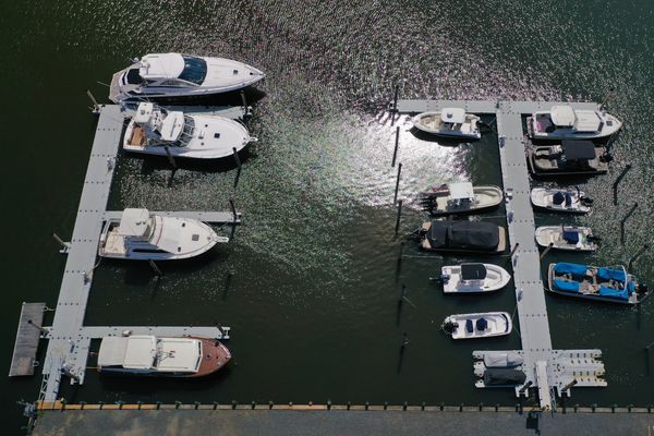 Marina with floating docks for boat slips