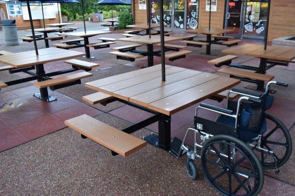 Outdoor picnic area with built-in tables and benches with wheelchair access
