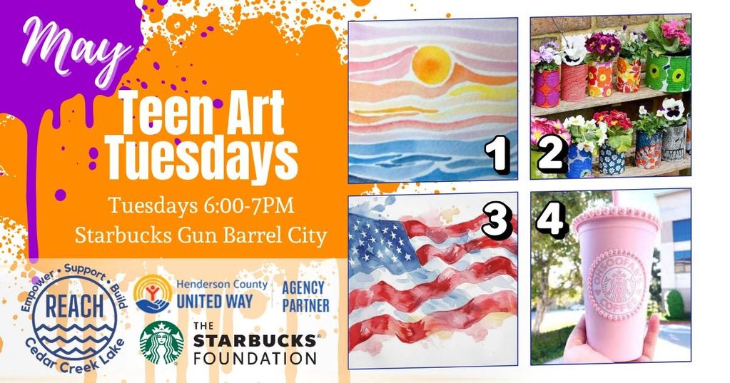 May Teen Art Tuesdays at Starbucks with creative watercolor and craft projects from 6-7 PM.