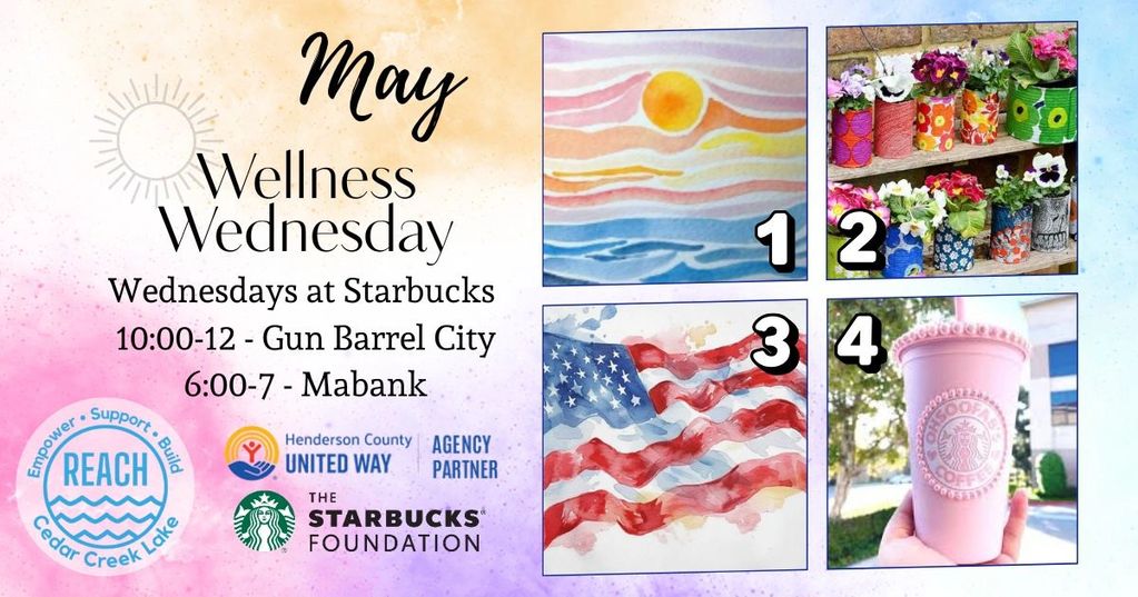 May Wellness Wednesday events at Starbucks with creative art and plants.