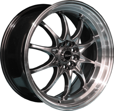 A shiny silver car wheel rim with a multi-spoke design.