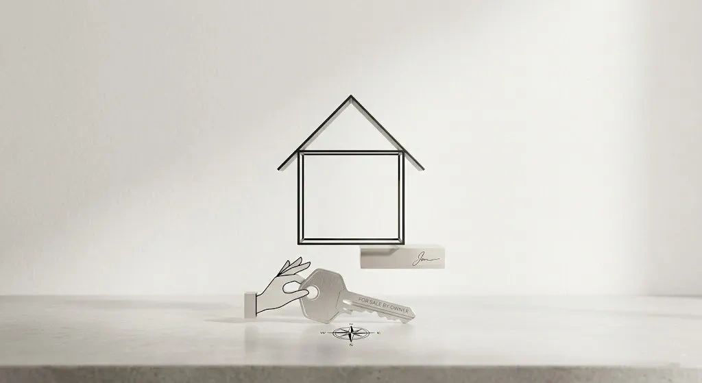 Minimalist illustration of a hand holding a key under a simple house outline.