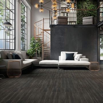 Living room with grey wood flooring design