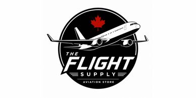 Logo of an aviation store featuring a plane and a red maple leaf.