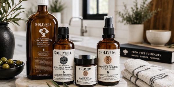 Oliveda skincare products displayed on a marble counter.