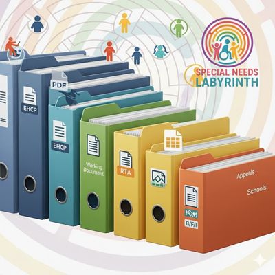 Colorful binders labeled with special needs documents and icons, titled 'Special Needs Labyrinth'.