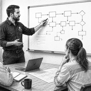 Pen and ink illustration of a process map being built with a client team