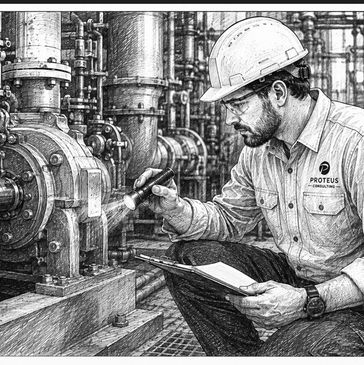Pen and ink illustration of an engineer inspecting plant equipment