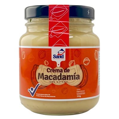Crema de macadamias naturales sin aditivos sin sal sin azucar frasco de vidrio tapa metalica Sand