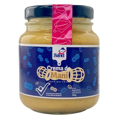 Crema mantequilla de mani sin azucar sin aditivos Sand frasco de vidrio tapa metalica fondo blanco