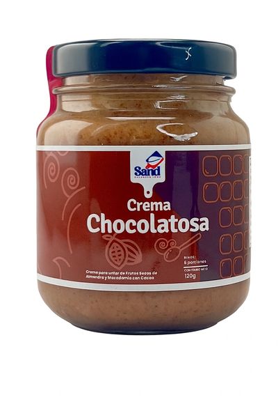 Crema chocolatosa almendra macadamia cacao natural frasco de vidrio fondo balnco SAND