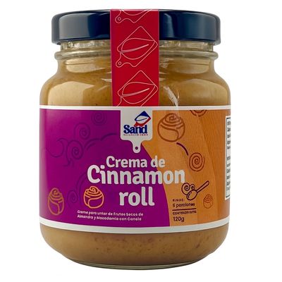 Crema de cinnamon roll sin zucar frasco de vidrio tapa metalica Sand 
Frasco de vidrio fondo blanco