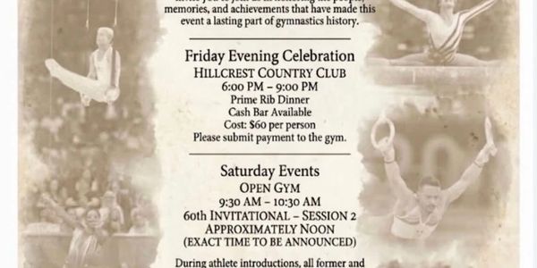 Flyer for a gymnastics event with schedule and dinner info.