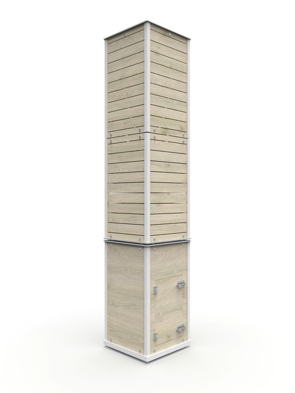 Tall wooden and metal display or storage unit with vertical slats.