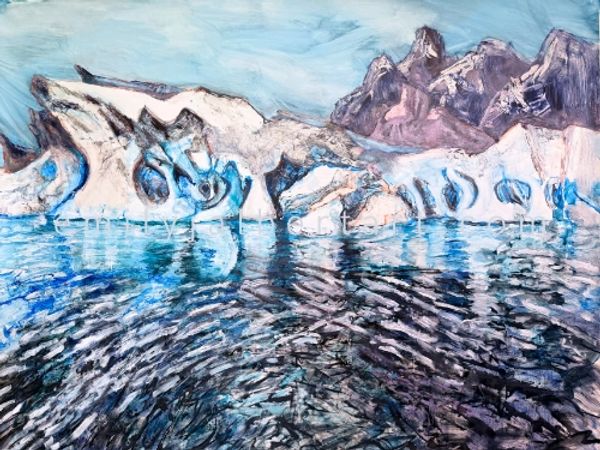 Abstract landscape of icy mountains reflected in water.