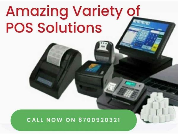 Various POS solutions including printers and terminals with a contact number for inquiries.