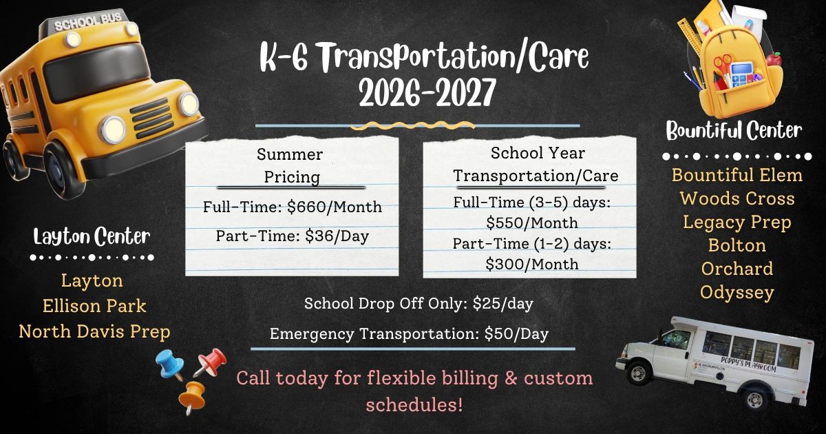 K-6 Transportation and care pricing for 2026-2027 with centers and fees.