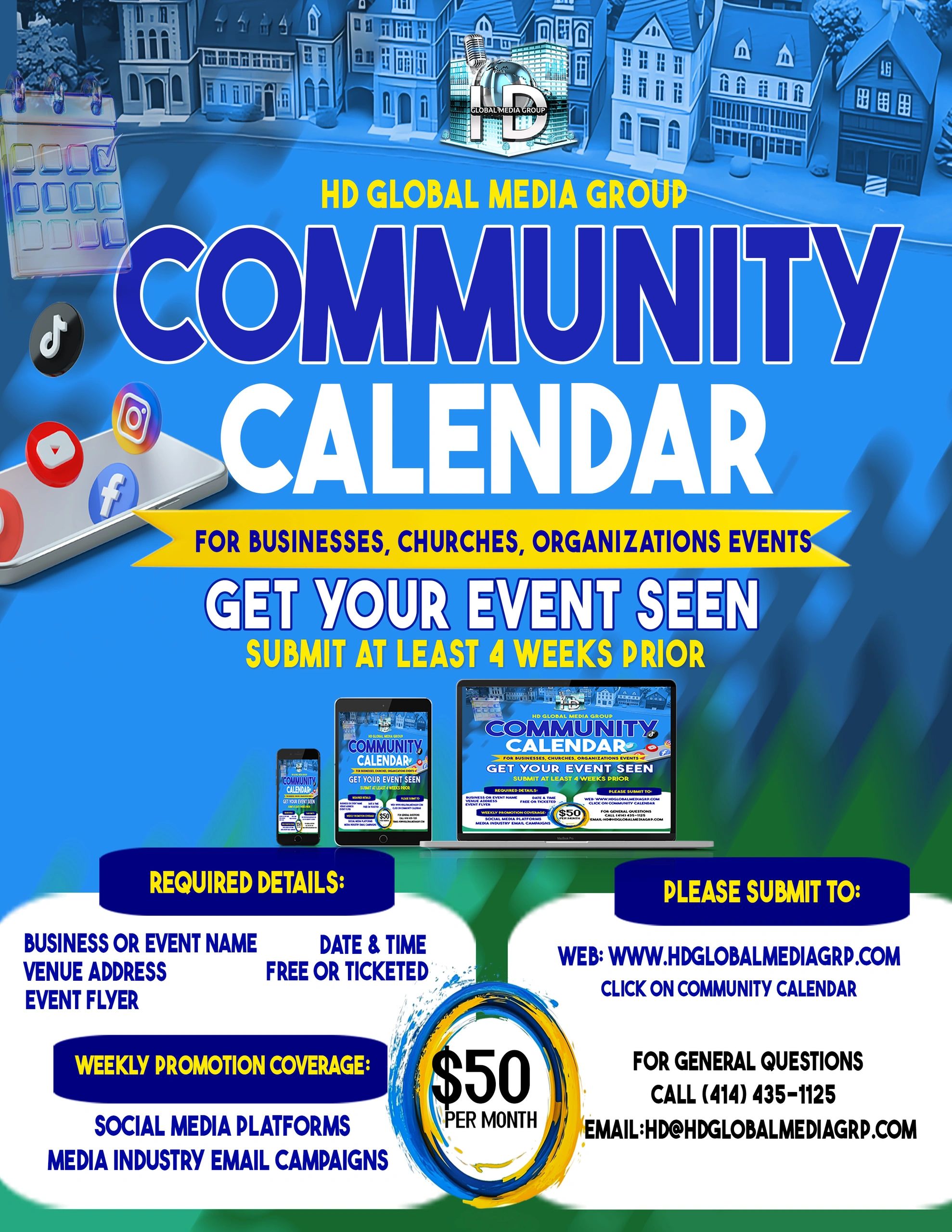 Community calendar for business and event promotion by HD Global Media Group.