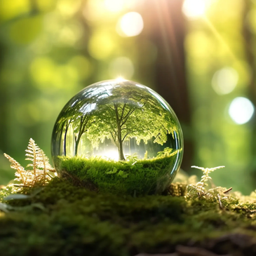 A glass sphere reflecting a green forest scene in sunlight.