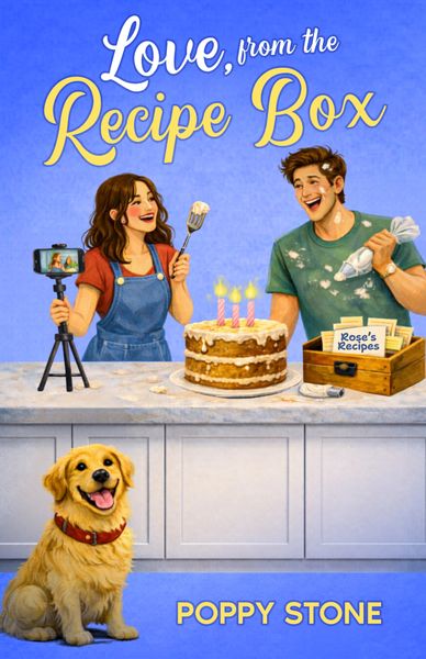 Romantic baking scene with couple and dog, "Love, from the Recipe Box."