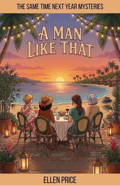 Four women dining beachside at sunset in a mystery novel cover.