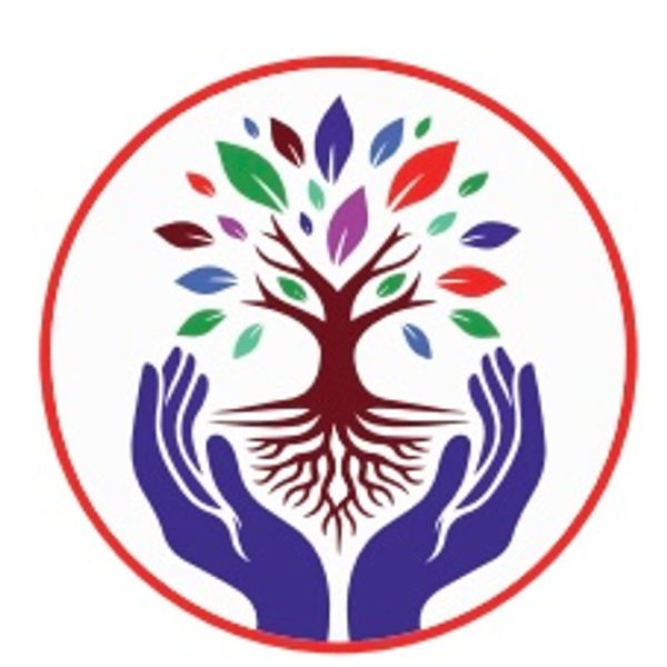 Hands nurturing a colorful tree inside a red circle.
