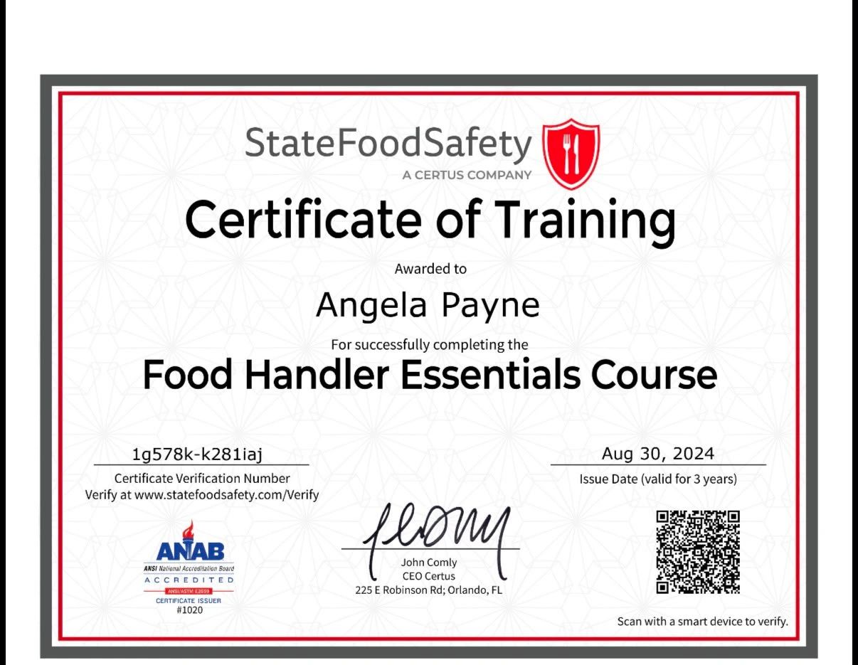 Certificate of Training for Angela Payne in Food Handler Essentials Course.
