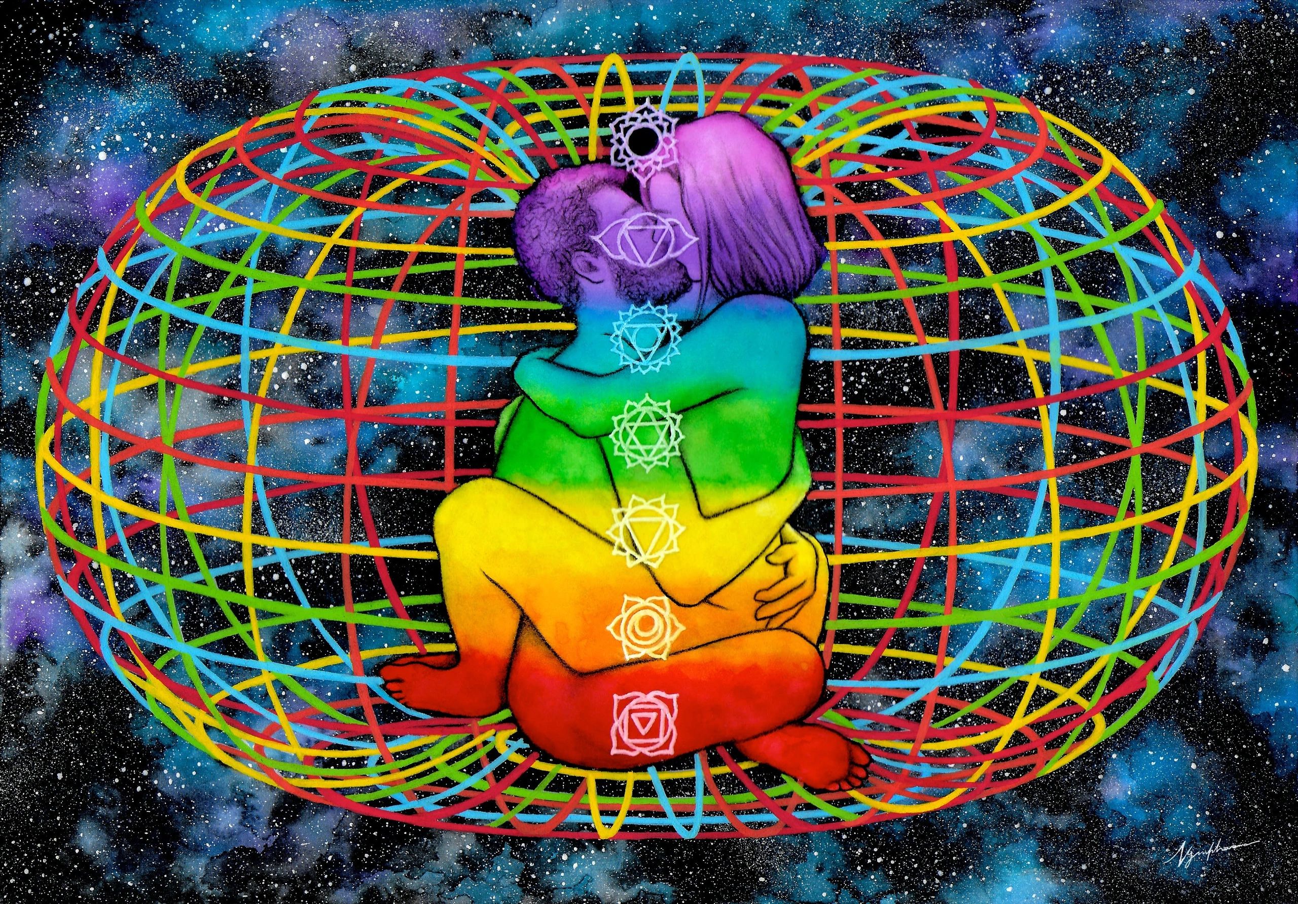 Abstract illustration of couple in tantric embrace with chakra symbols, within astral globe