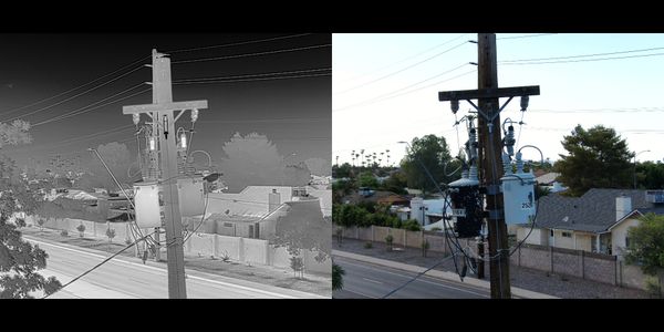 A utility pole with transformers and power lines in a suburban neighborhood, shown in thermal and visible light.