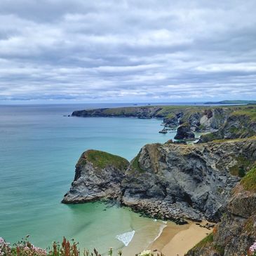 Bedruthan Steps on a cloudy day