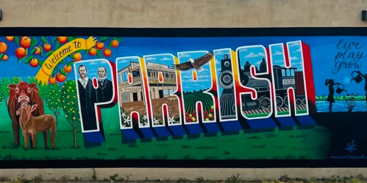 Colorful mural welcoming to Parrish with local imagery and nature.