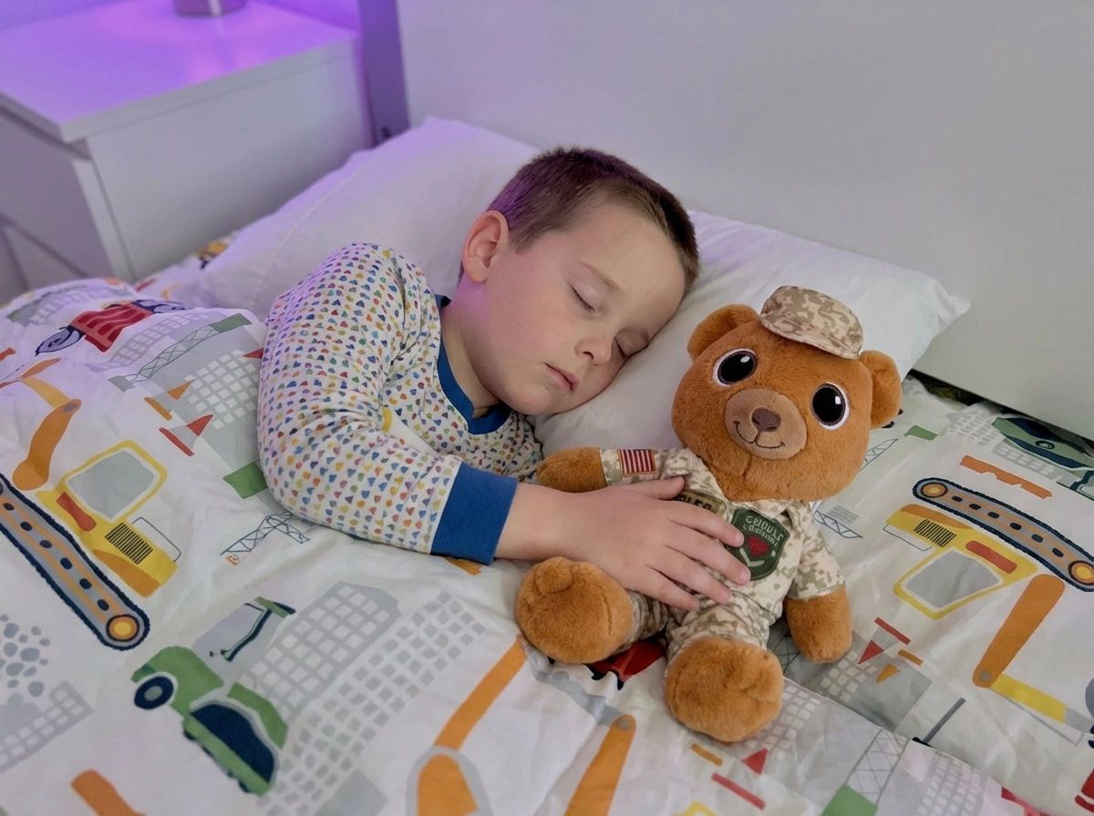 Boy cuddling a military teddy bear named Sergeant Snuggles