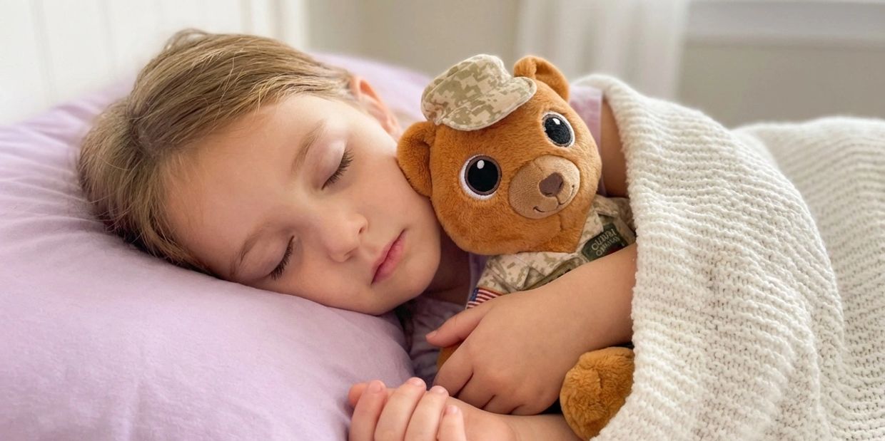 Girl cuddling a military teddy bear named Sergeant Snuggles