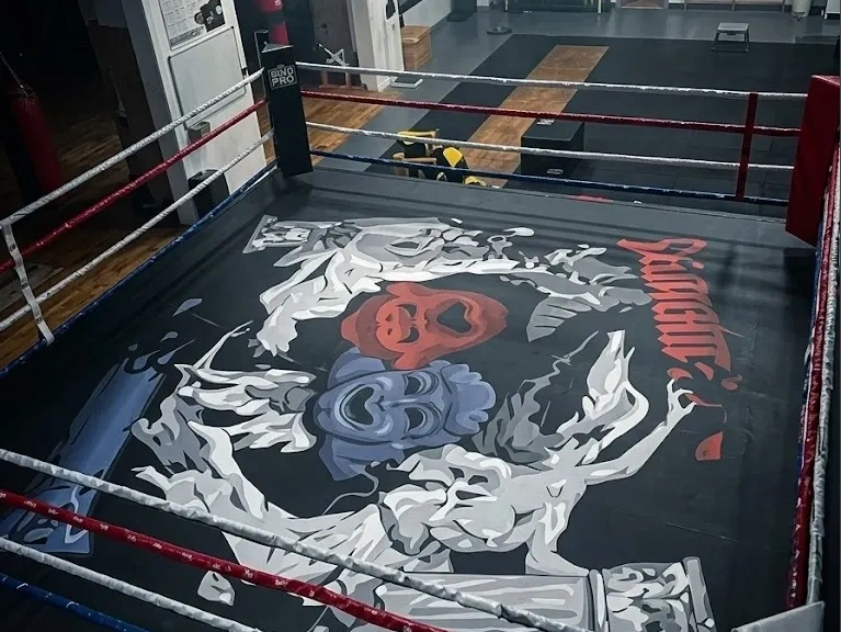 Boxing ring with artistic masks painted on the floor.
