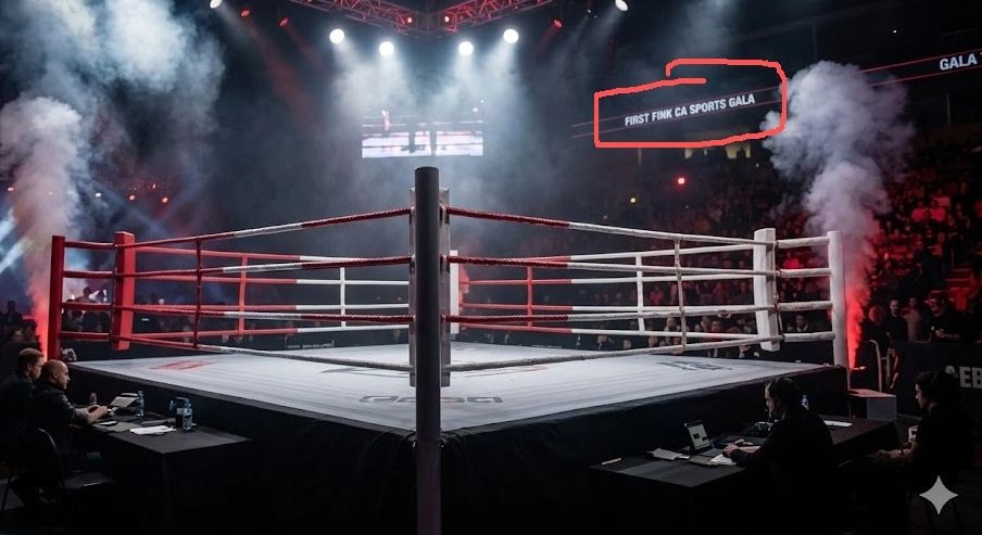 Empty boxing ring with smoke effects and audience in the background.